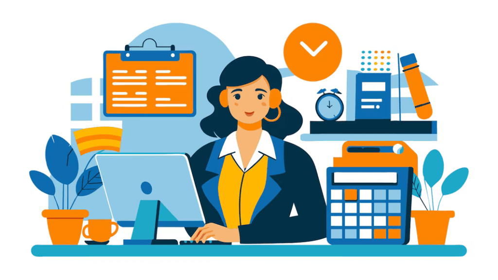 Professional virtual assistant managing tasks on a laptop, surrounded by icons representing eCommerce, data management, scheduling, and administrative support services.